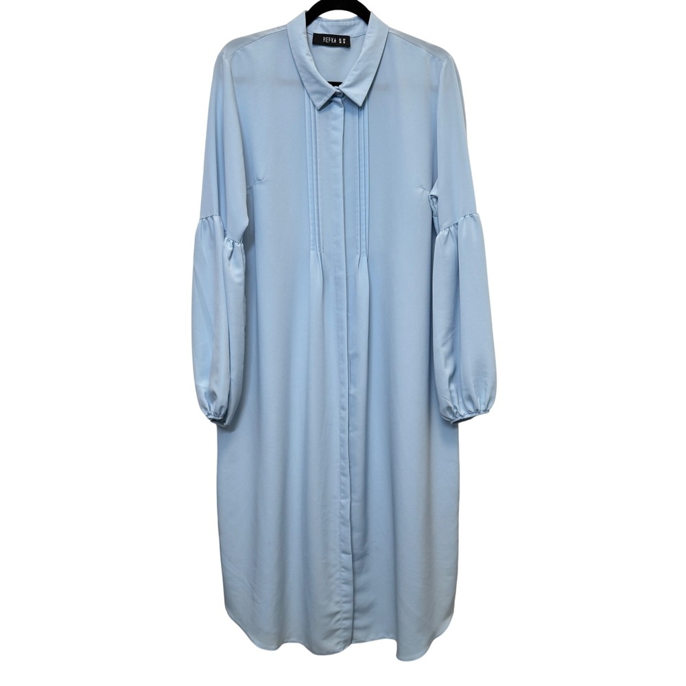 Refka Womens‎ Shirt Dress 14 Light Blue Pintuck Puff Sleeve Modest Minimalist
